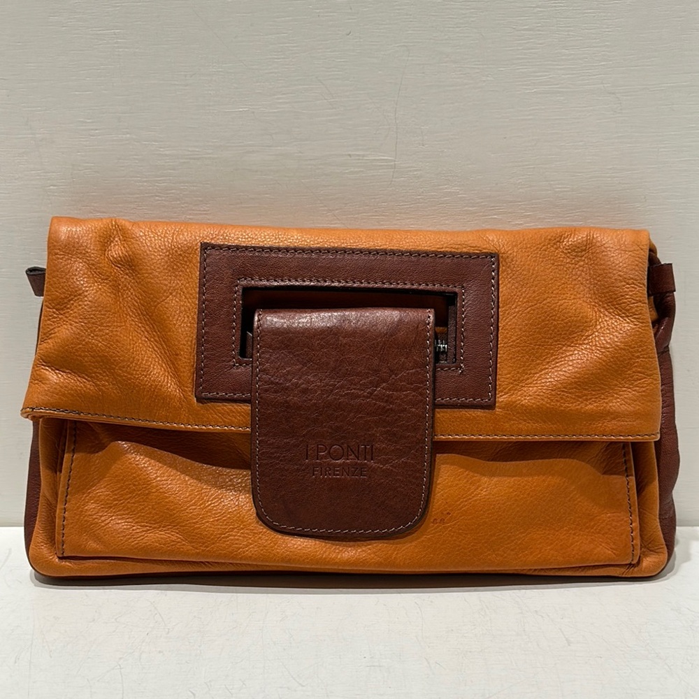I PONTI FIRENZE 2 Tone Leather (Brown/ Orangey Tan) Fold Over Clutch Bag
